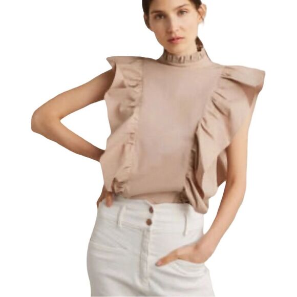 Deluc Tan "Sarah" Ruffle Dramatic Sleeveless Blouse - Picture 1 of 12